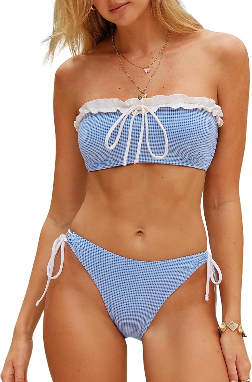 ZAFUL Womens Bandeau Bikini Sets Cheeky Ruffle Strapless High Cut Bow Tie Color Block 2 Piece Swimsuits