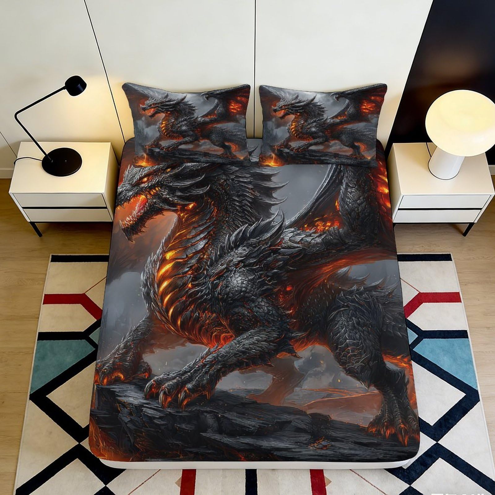 Pnayamiorkfel Style-7 3D Printed Fiery Dragon Fitted Sheet Microfiber Soft Breathable Dark Lava Mattress Cover For Bedroom Dorm Decor 90X200x25cm