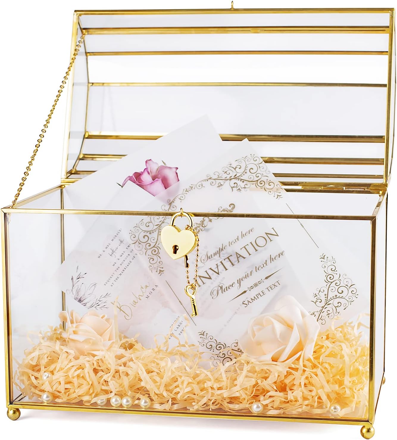 Gold Wedding Glass Card Box with Slot and Heart Lock, Large Clear Card Box for Wedding Reception, Bridal Shower, Handmade Brass Glass Display Box Weddings Centerpiece