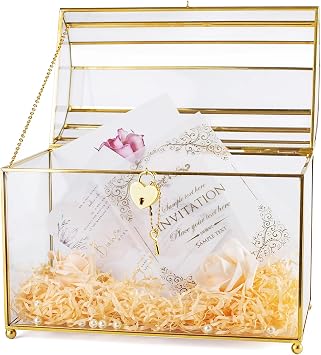 Gold Wedding Glass Card Box with Slot and Heart Lock, Large Clear Card Box for Wedding Reception, Bridal Shower, Handmade Brass Glass Display Box Weddings Centerpiece