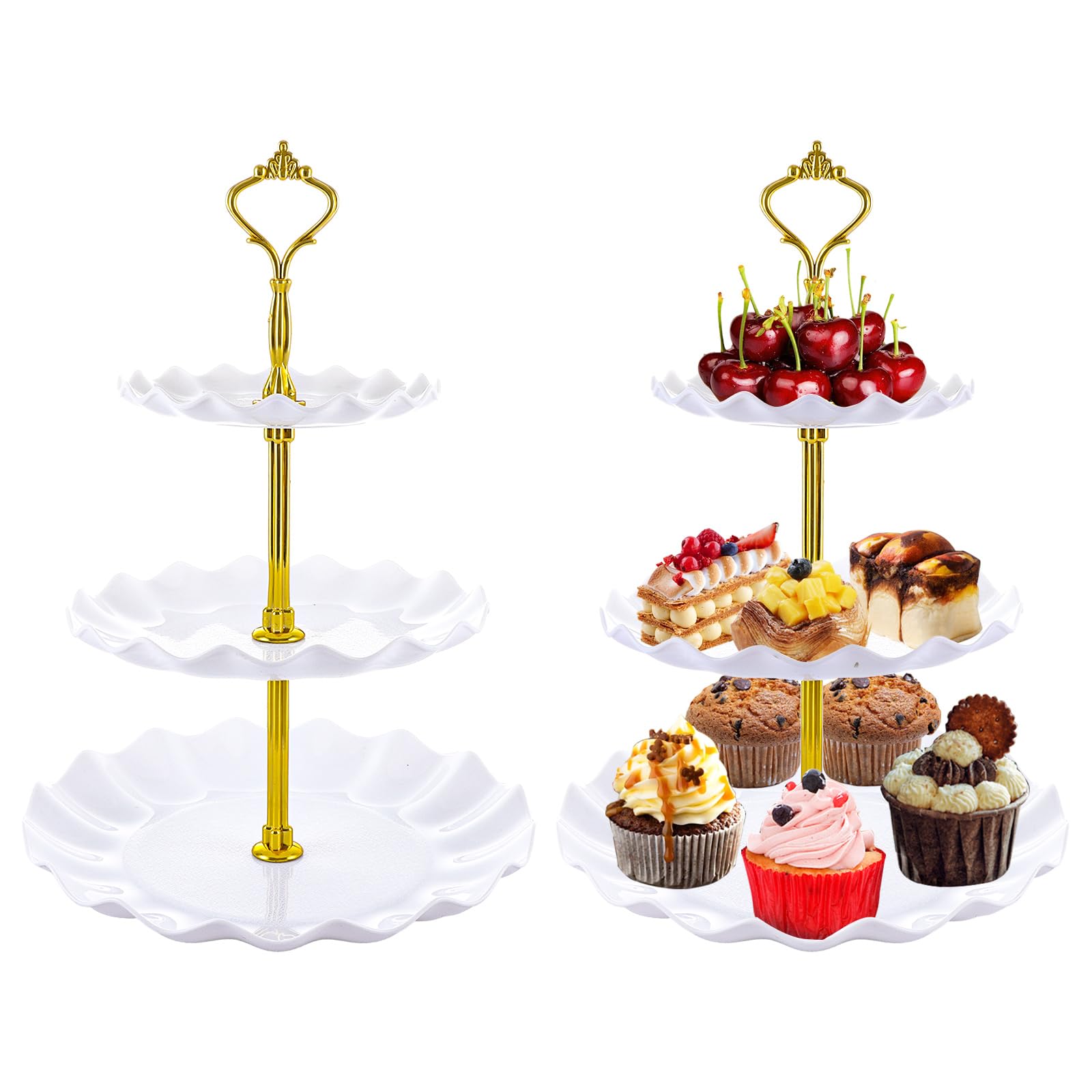 2 Pcs Large 3 Tier Cupcake Stand, White Round Cake Display Stand 34cm Height Plastic Cake Stand Afternoon Tea Stands Reusable Food Serving Platter Stand for Birthday, Wedding, Party