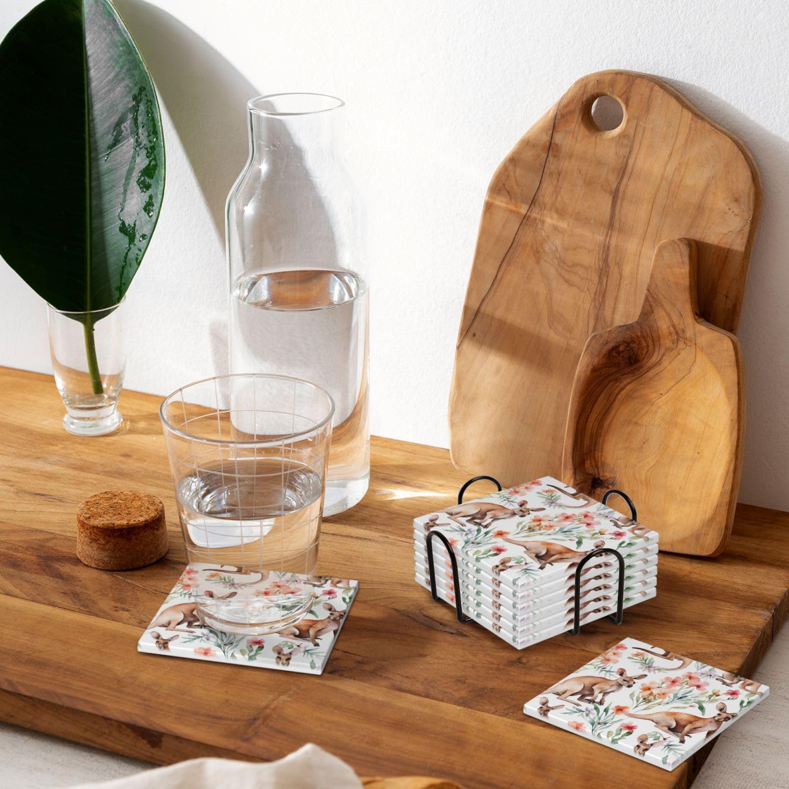 Keramikuntersetzer mit lustigem Cartoon-Känguru-Zoo, quadratisch, saugfähig, mit Halter, für Zuhause, Büro, Bar, Restaurant, 6 Stück