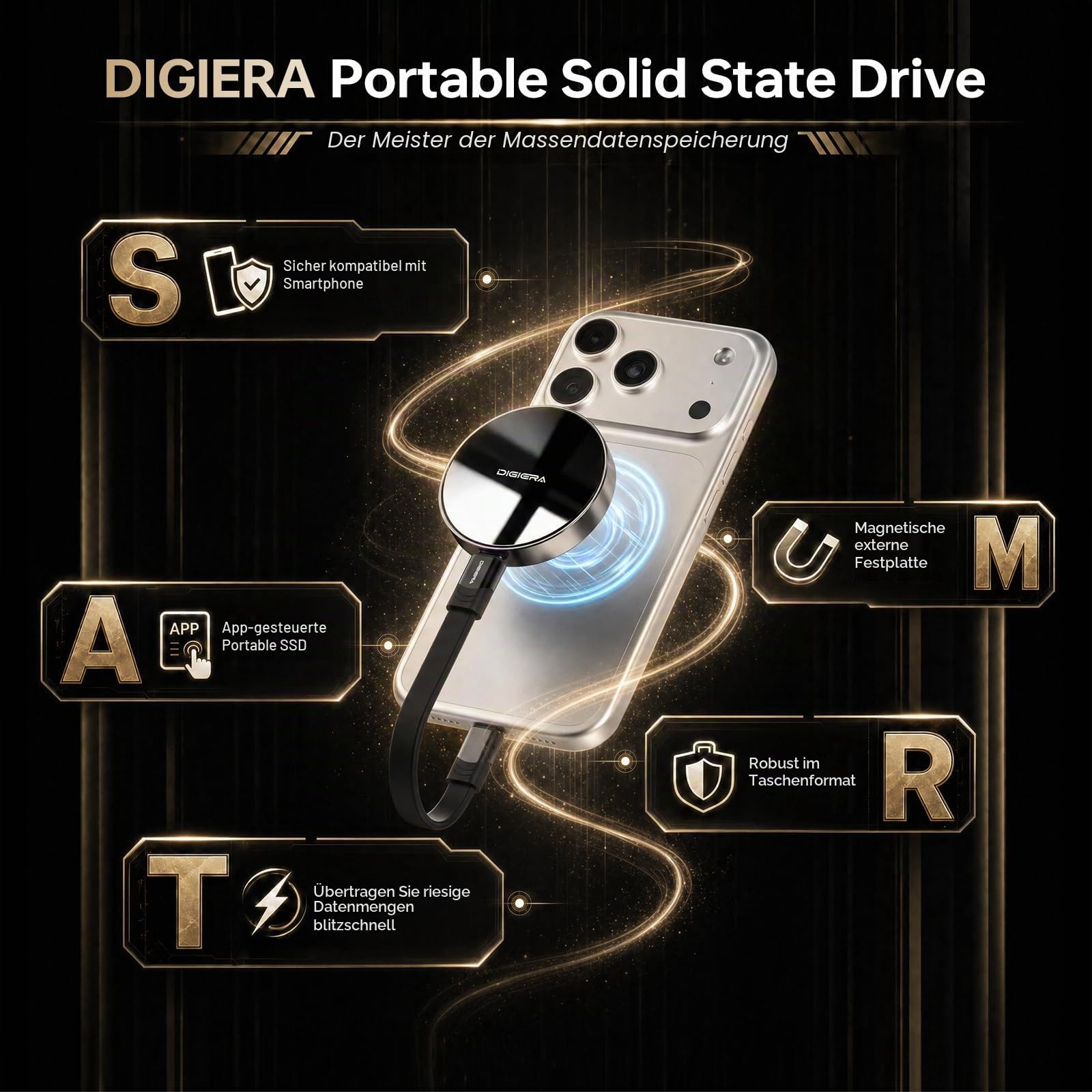 DIGIERA 1TB Magnetische Tragbare SSD, Externe Festplatte Mit USB-C 3.2 Gen 2x2, Geschwindigkeit Bis Zu 2000 MB/S, Kompatibel Mit iPhone 15/16 Series,PC/Laptop, und Anderen USB-C-Geräten,Schwarz