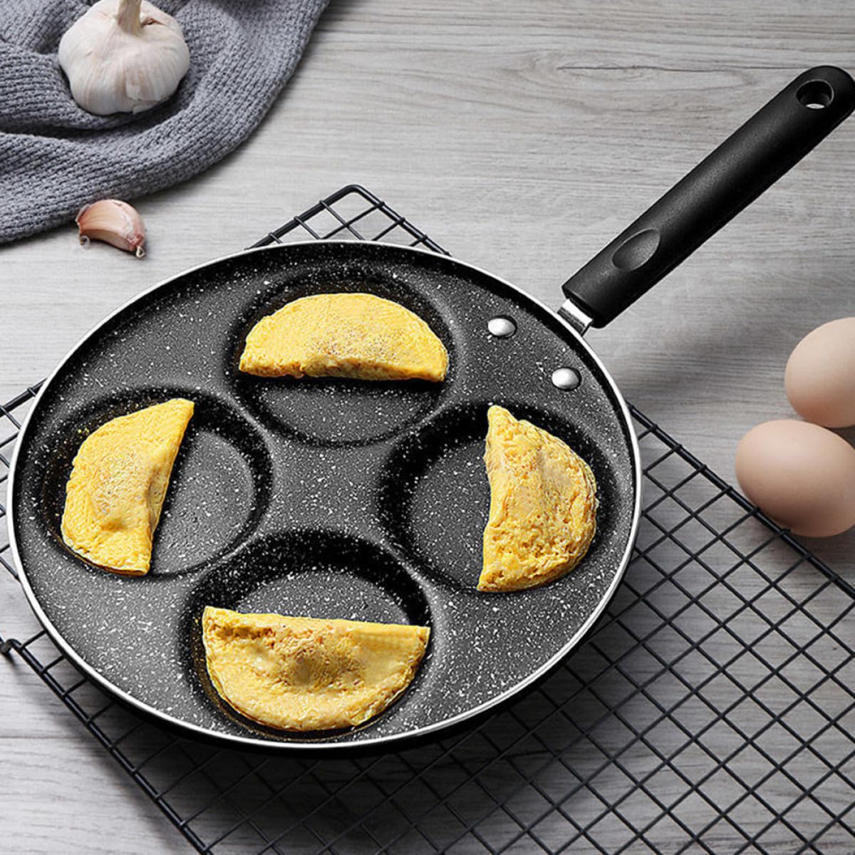 1pieza Sartén Antiadherente De Huecos Para Tortillas y Hamburguesas Sartén De Médica Compatible Cocinas De Inducción Mango Práctico Diseño Para Desayunos Rápidos