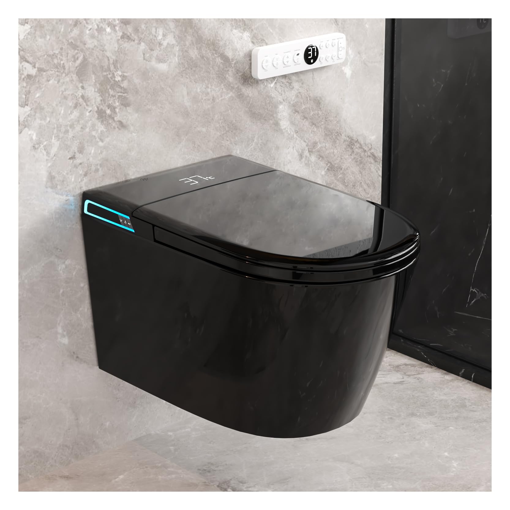 Smart WC nero da appendere alla parete, scarico automatico, coperchio con apertura e chiusura automatica, sedile riscaldato, acqua calda/asciugatrice, moderno bidet allungato con supporto a