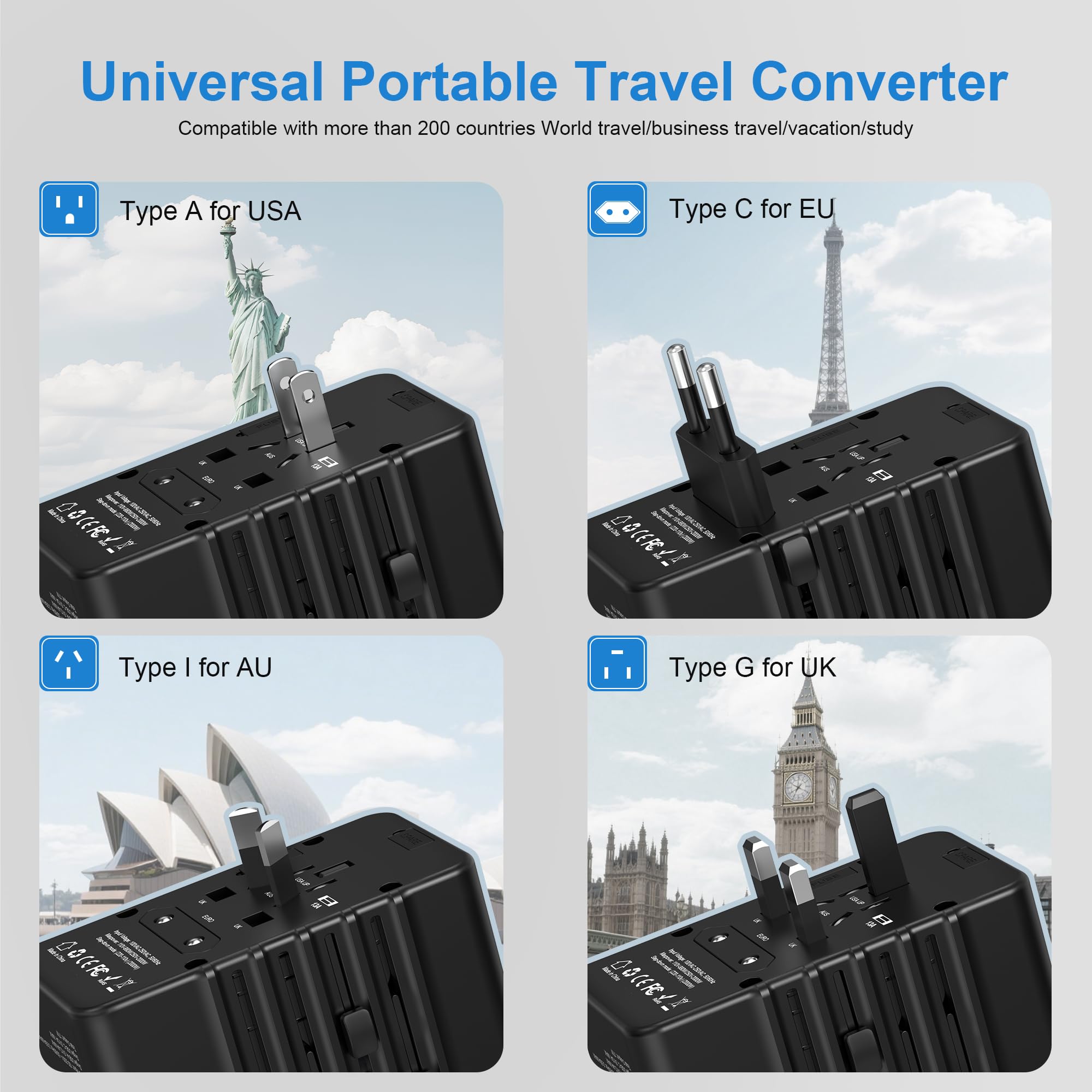 Adaptador convertidor de voltaje de 220 V a 110 V: transformador de enchufe de regleta de viaje internacional de Estados Unidos a Europa