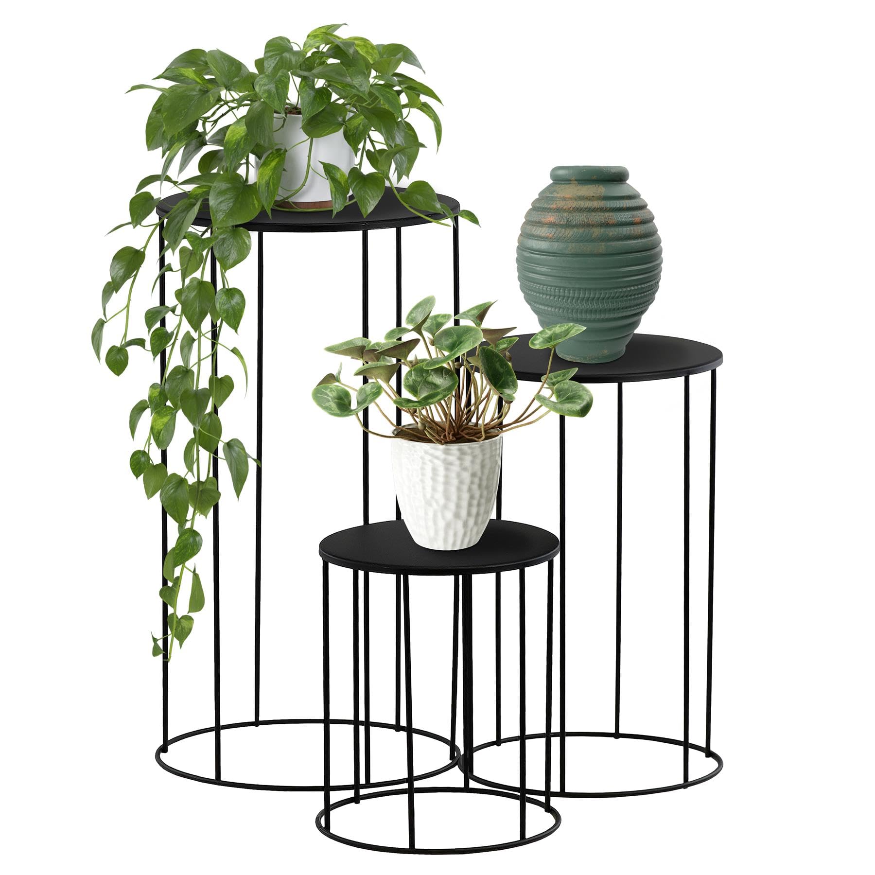 Geezy Plant Stand Indoor Round Black Metal Flower Pot Stand Decorative Planter 3 Pcs