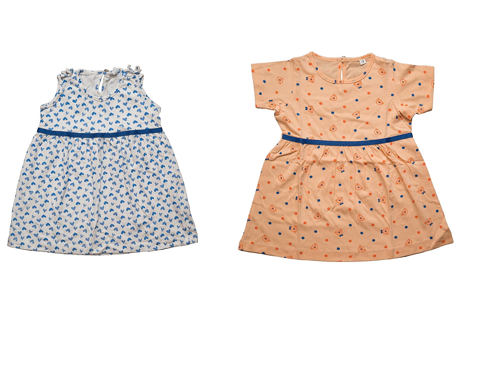 Toddler TalesBaby Girls Fit & Flare Cotton Sweetheart in Blue & Tiny Teddy Midi Sleeveless Dress (Combo of 2) (White & Peach) (Tt123_Tt141_P)