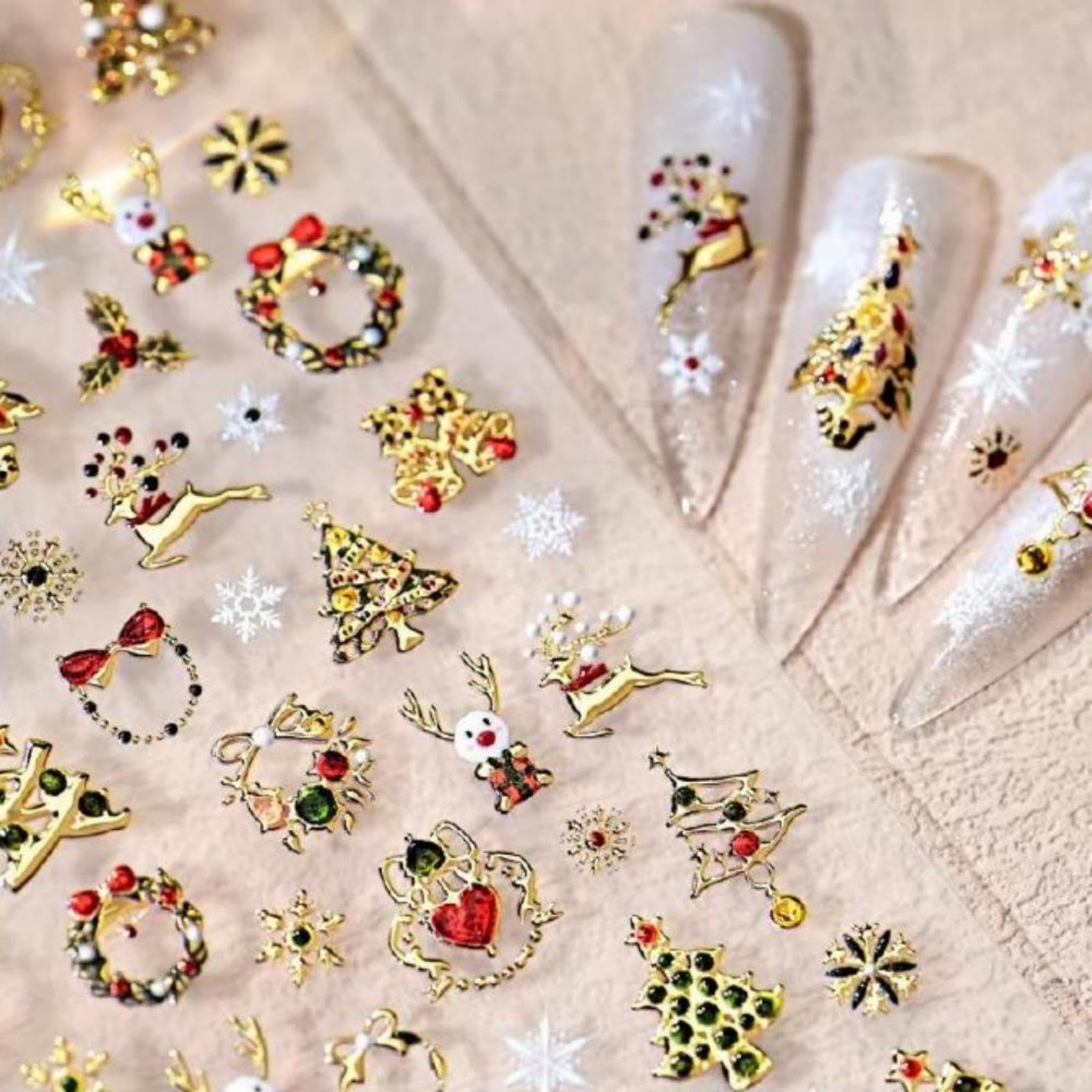 5D Embossed Christmas Nail Stickers for Nails Art Gold Xmas Tree Nail Art Stickers Elk Snowflake Nail Decals Self-Adhesive Garland Nails Decals for Women Manicure Supplies Accessories