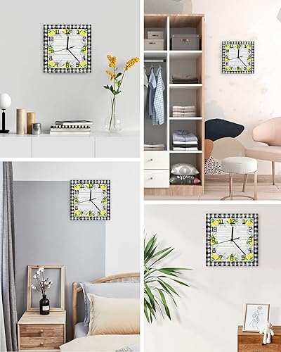 Miniatura 3 de Wall Clock Yellow Lemon Battery Operated Clocks Wooden Silent Non-Ticking Wallclock 12 Inch Summer Fruit Lemon Farmhouse Plaid Square Wall Clock for