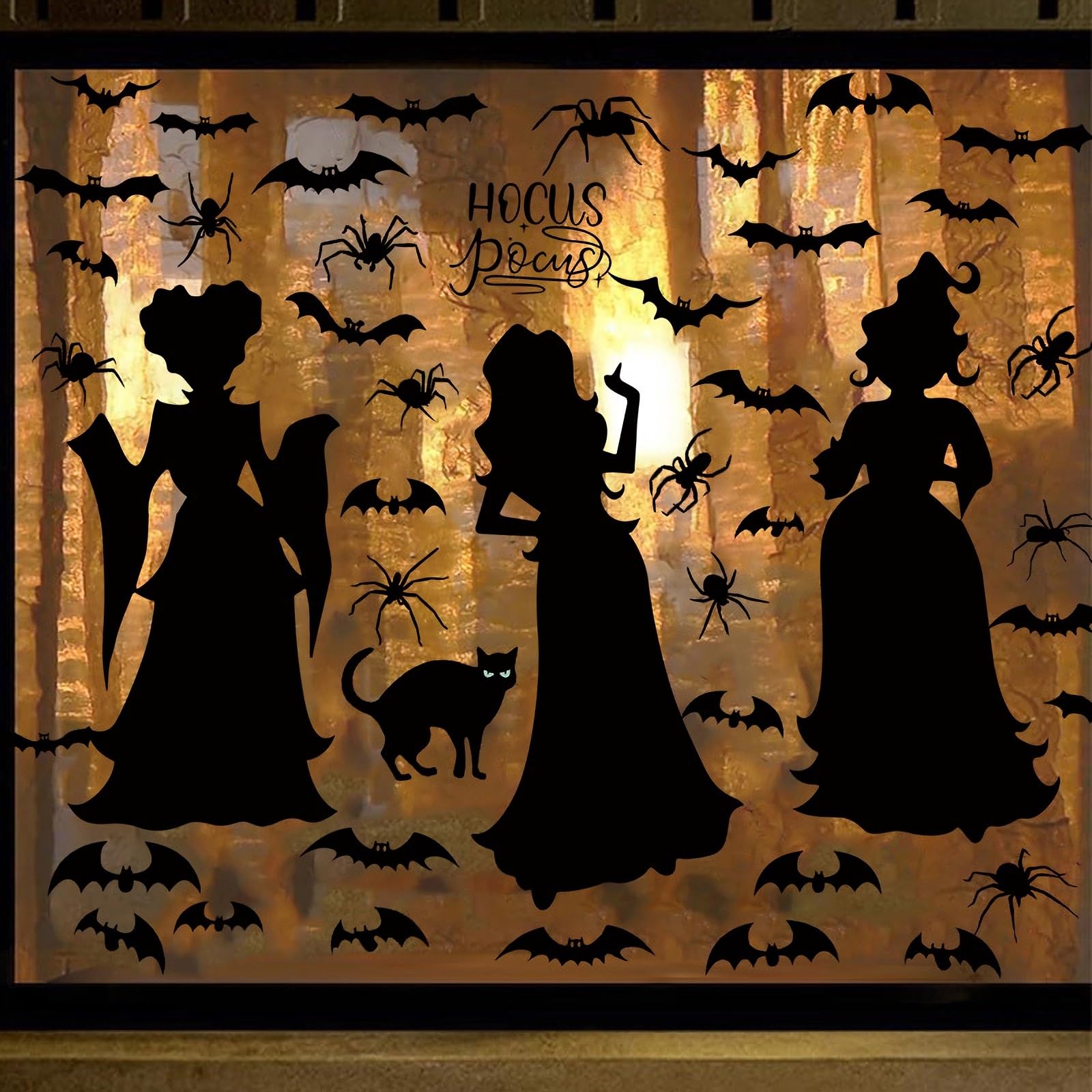Syzplnwy Halloween Window Clings - 3 Sheets Large Silhouette Decals with Witch, Black Cat, Bat, Spider and Cauldron, Static Cling Stickers for Home School Office Décor