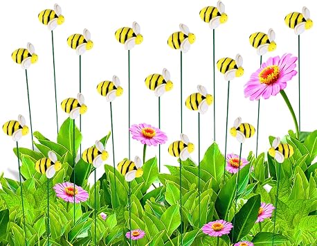 Bee Garden Stakes Decor, Metal Plant Garden Decor Yard Art, Cute Bee Design Decorative Garden Stakes for Garden Lawn Corridor Plant Pot, Flower Bed Decor Yellow 20Pcs