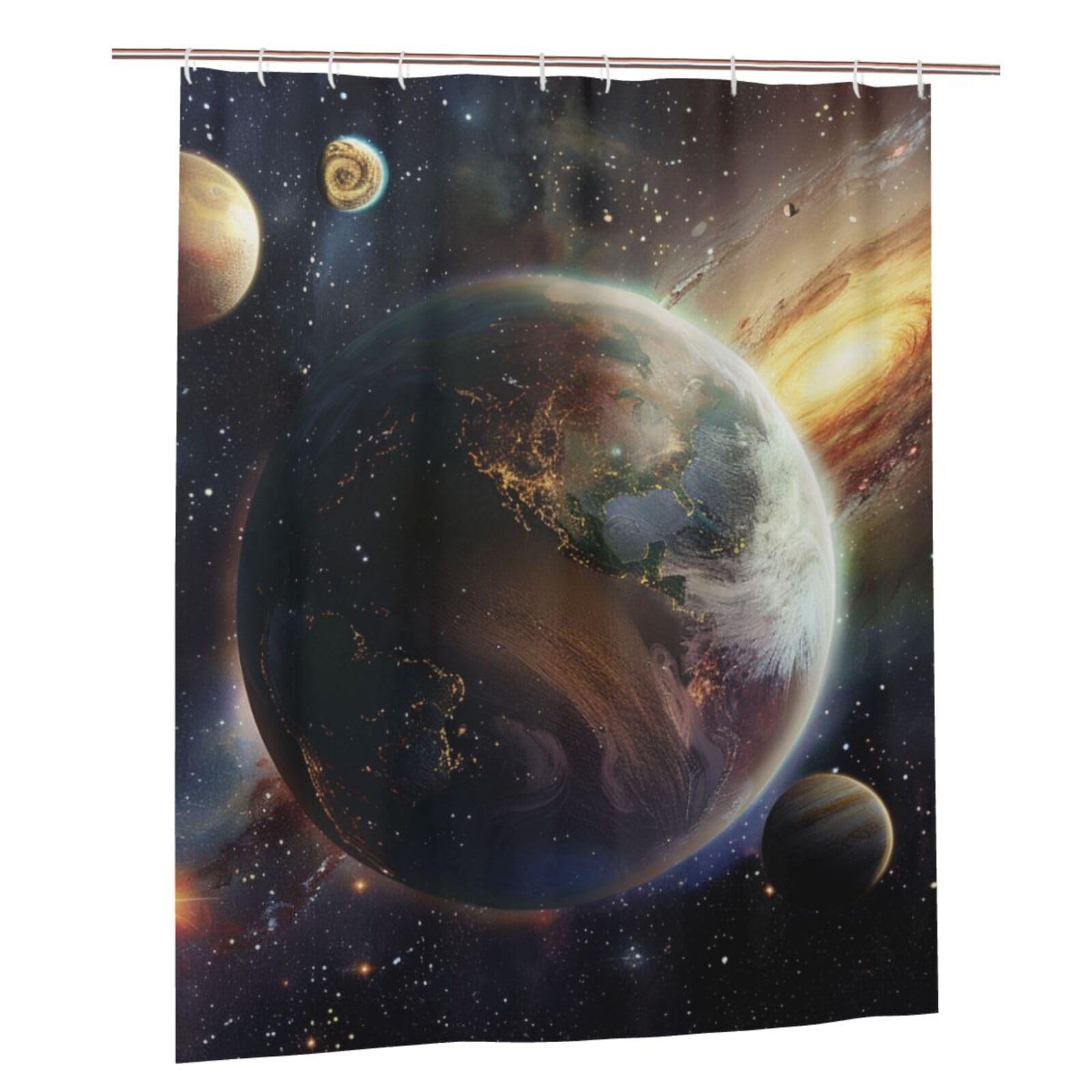 BWWHCCTI Universe Planet Printed Shower Curtain With 12 Plastic Hooks Opaque Quick Drying Waterproof Shower Curtains Sets For Bathroom 152x183 Cm