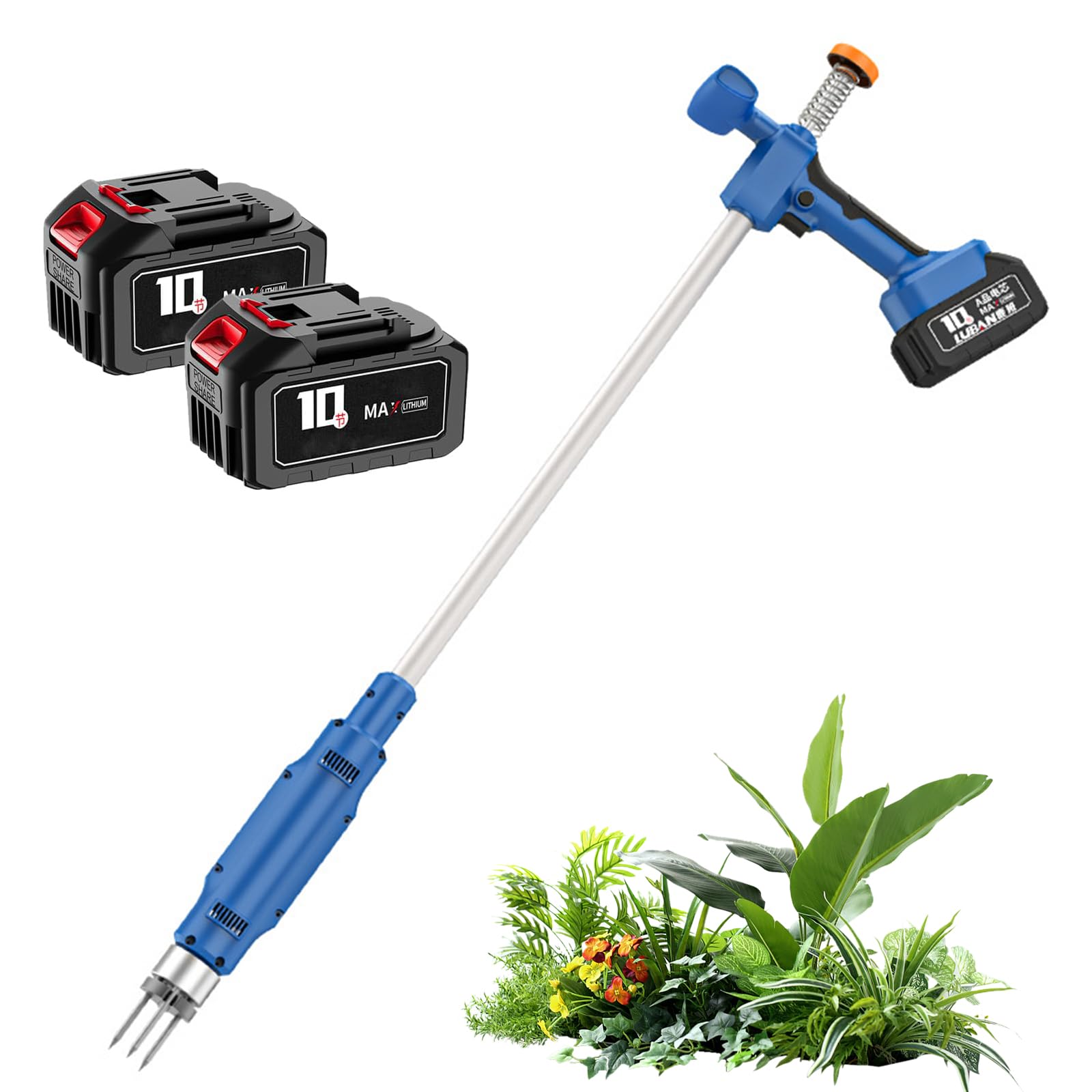 Extractor de malezas inalámbrico, herramienta eléctrica de pie con triple garra de acero y mango largo, incluye 2 baterías recargables para uso en césped y jardín