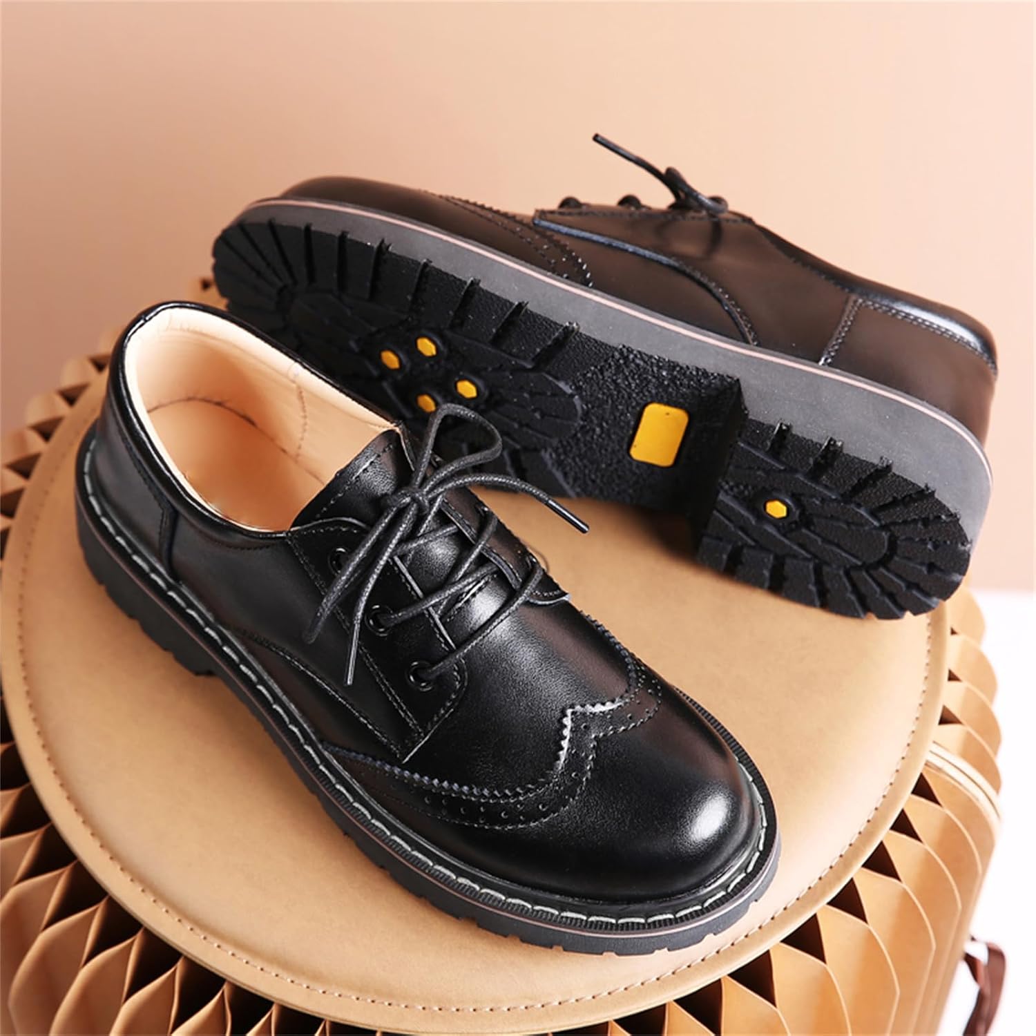 Oxford Shoes for Women,Perforated Lace-up Round Toe Leather Low Heel Brogues Shoe for Girls Ladies Women - Image 5
