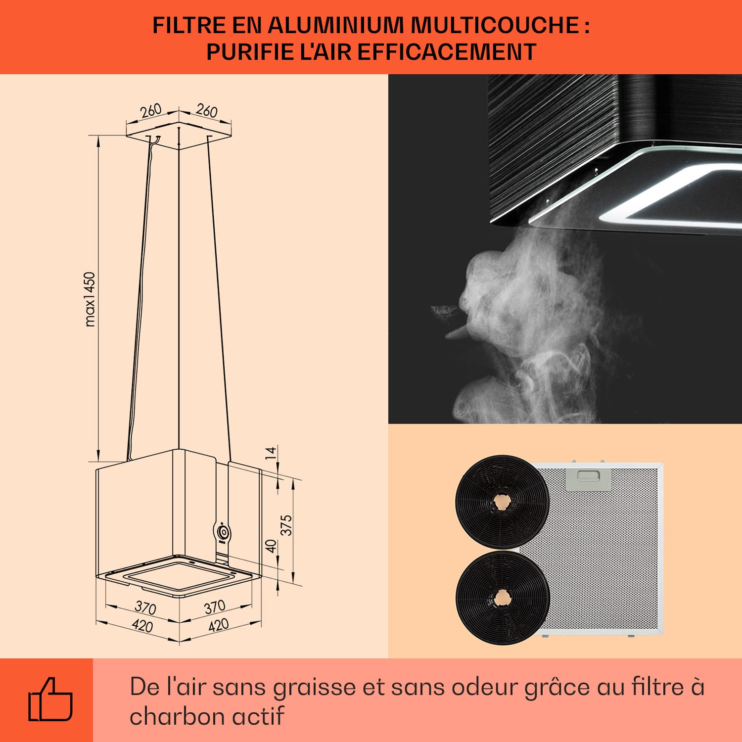 Klarstein Futurelight Smart Hotte aspirante suspendue - Hotte à recyclage avec débit de 413 m³/h, îlot à recyclage avec éclairage LED, acier inoxydable, noir
