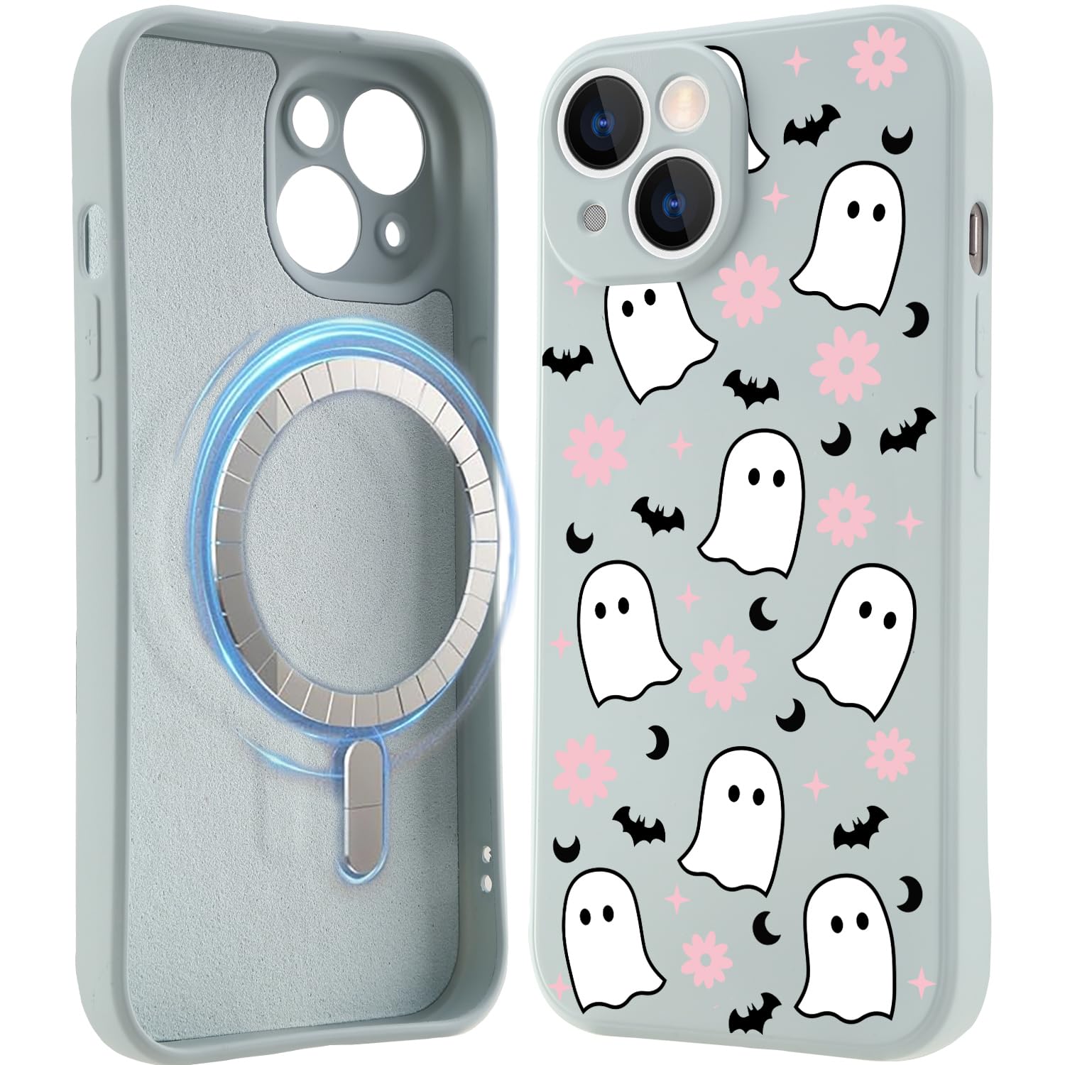 MAYCARI Cute Ghost Phone case for iPhone 15,Blue Magnetic Liquid Silicone Girly Cases,Cartoon Soft Gel Rubber Full-Body Protective Microfiber Lining Shockproof Cover iPhone case for Boys,Women,Men