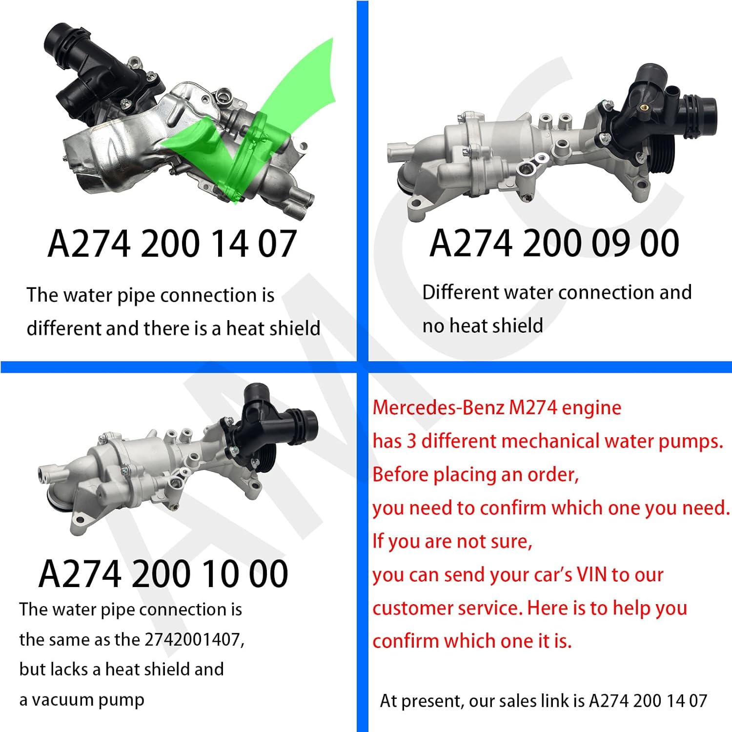 AMCC Engine Water Pump Compatible with Mercedes-Benz M274 E-class W205 C250 C300,E-class W213 E200 E250 E300 GLK200 4Cyl 2.0L Replace:2742001407