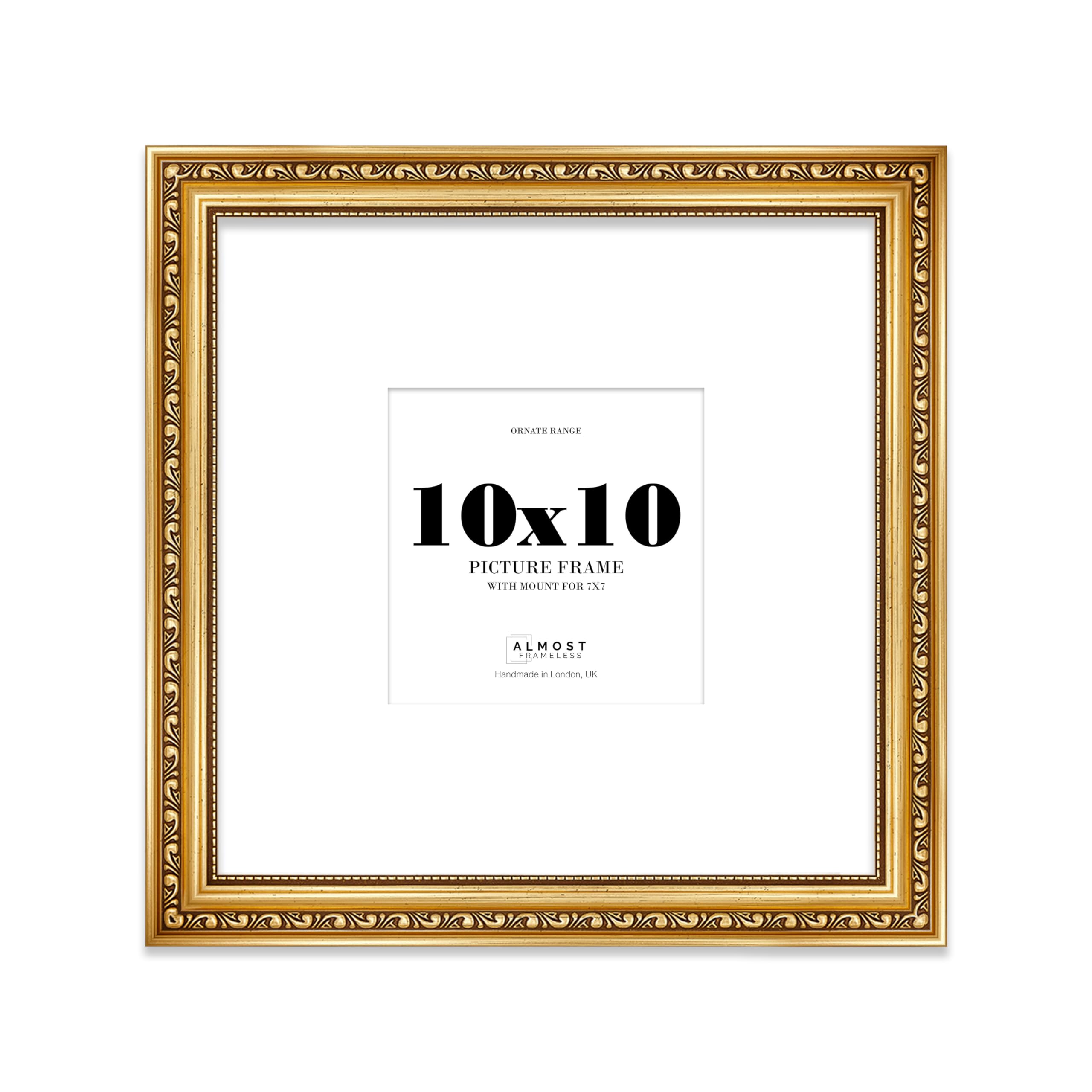 10x10 Gold Ornate Photo Frame With White Mat For 7x7 Picture, Ready to Hang or Stand, 1 Pack, 10x10" for 7x7"