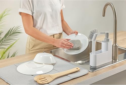 Miniatura 10 de Vigar Rengo Monobloc - Juego de 4 unidades para fregadero, incluye cepillo para fregar, esponja de dos caras, dispensador de jabón y raspador, color