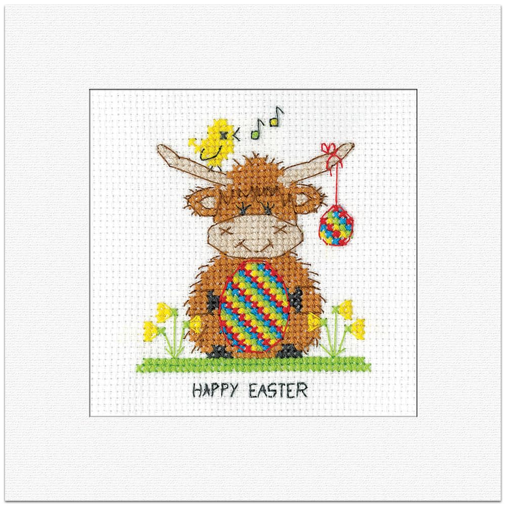 Heritage Crafts Yellow Cross Stitch Kit - Greetings Card, Highland Cow - Happy Easter - Kirsten Roche