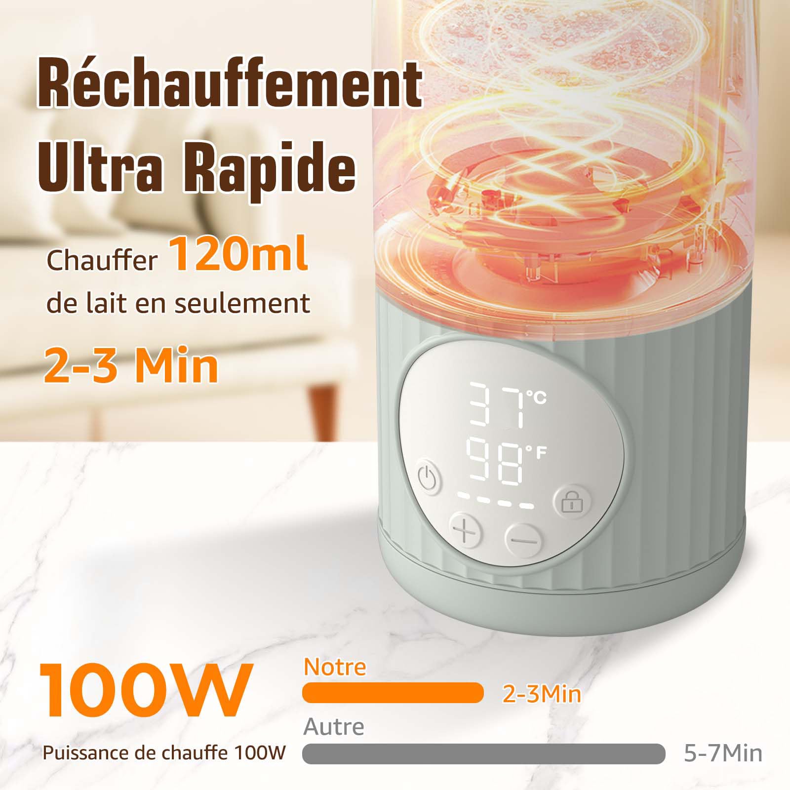 Chauffe Biberon Nomade pour Lait Maternel, Préparation pour Nourrissons ou Eau - Capacité de 385 ml, 100W Chauffage Rapide et Contrôle Précis de la Température Chauffe-Biberon