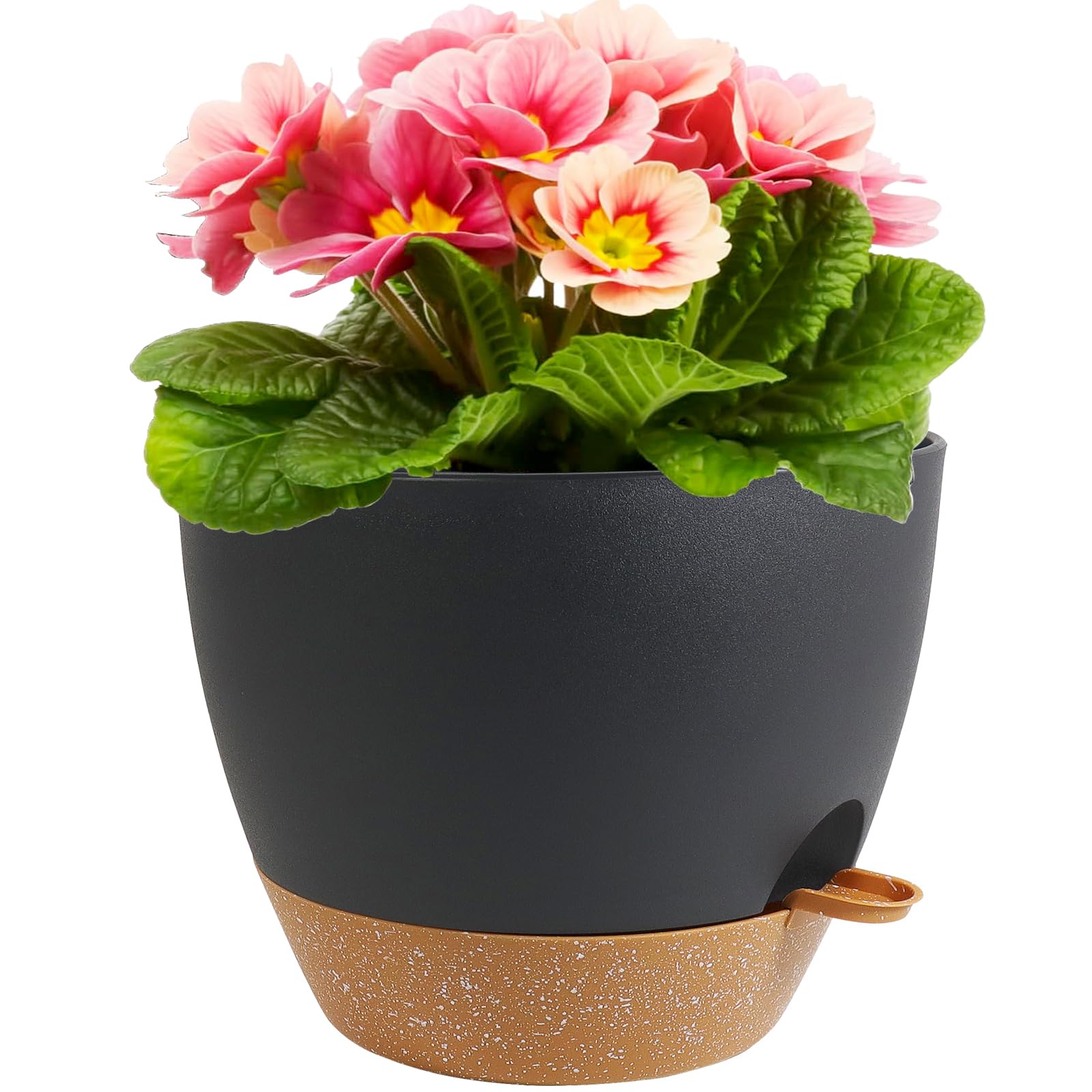 Meowell 12 inch Large Self Watering Pots, Plant Pots with Mesh Drainage Holes for Indoor Outdoor Plants, Plastic Planters with Deep Reservoir for Garden House Flower Plants, Black with Brown