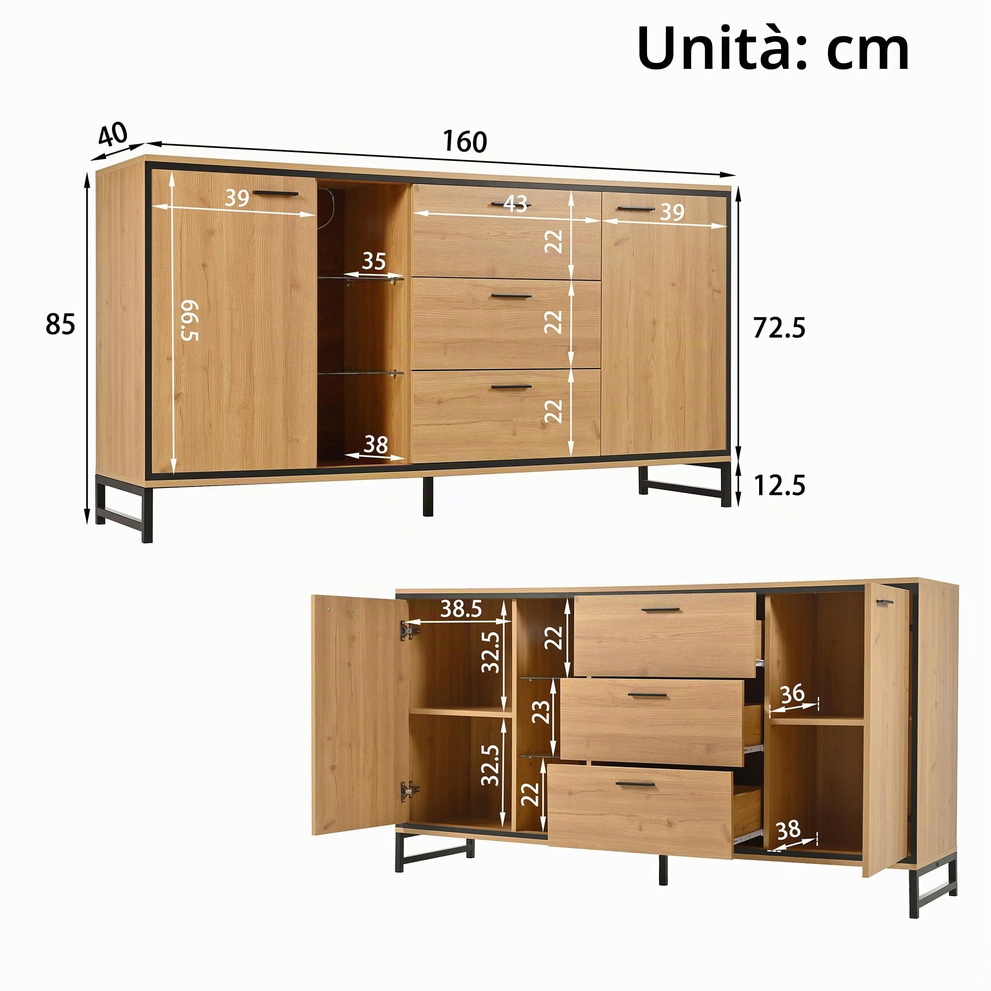 Credenza a tre cassetti con due ante Squisita venature credenza moderna in colore legno con ripiani - mobili eleganti e funzionali, colore legno e nero.