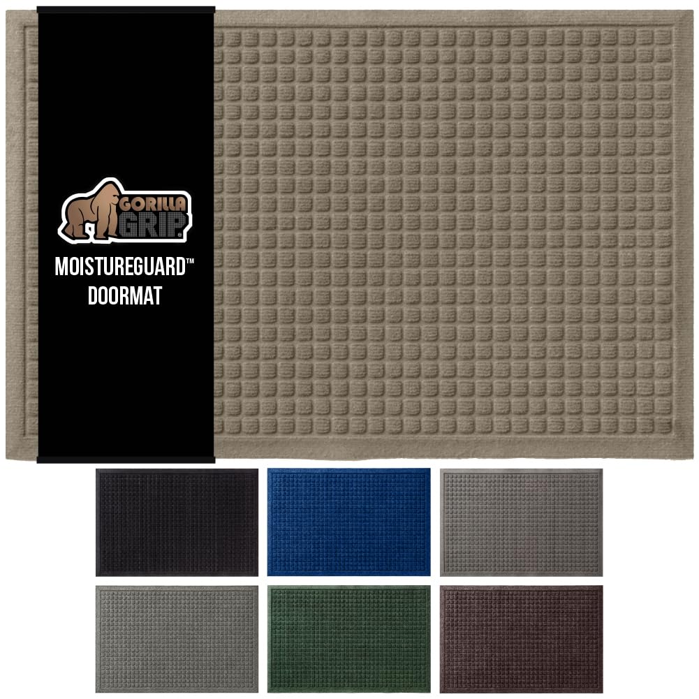 GORILLA GRIP Front Door Mat, 35x23, Indoor Outdoor Ultra Absorbent Moisture Guard Doormat, Absorbs Up to 5.7 Cups of Water, Stain and Fade Resistant, Rubber Backing Doormats, Captures Dirt, Beige