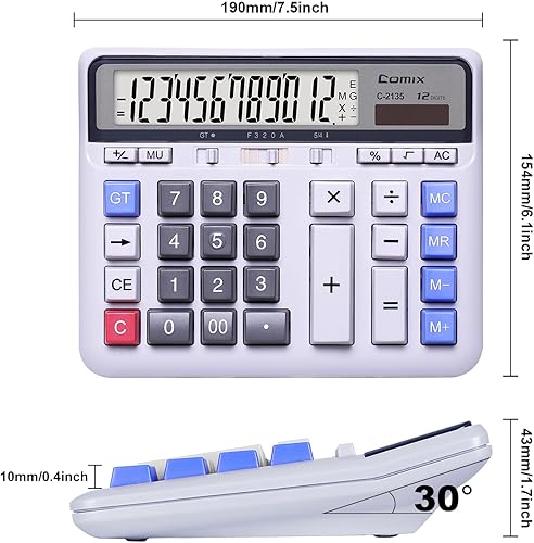 Vista 3 de Comix C-2135 Calculadora de teclas grandes de 12 cifras Blanco