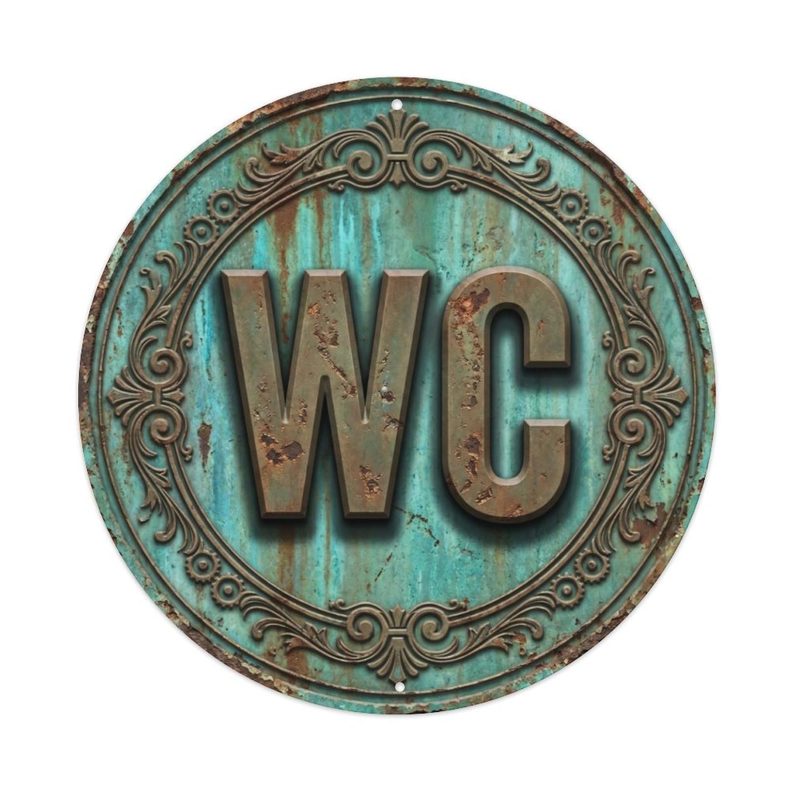 Toilet （WC） Verdigris Emblem Metal Tin Sign Plaque Wall Decor for Cafe, Club Bar, Office, Home Garden Round Metal Poster 8x8Inch
