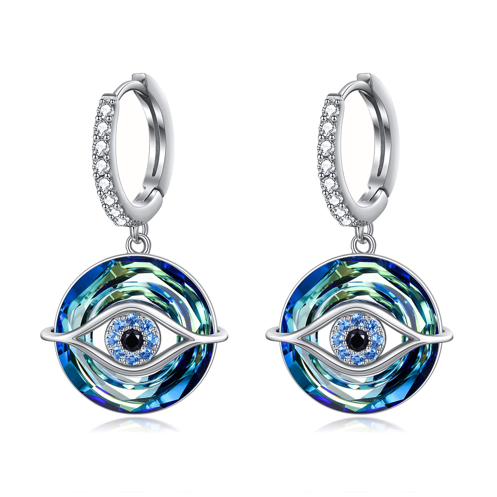TOUPOP Pendientes de aro de mal de ojo para mujer, aretes de plata de ley 925 con gota de ojo con cristal azul, joyería de mal de ojo para mujer, Plata de ley, Crystal