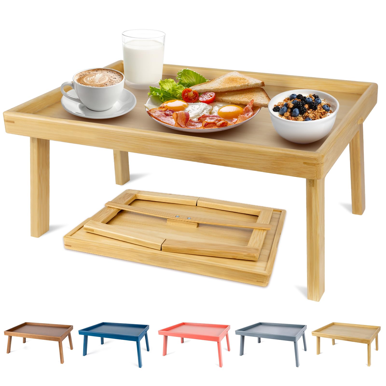 Large Bed Table Tray with Support Bar and Foldable Legs, Bamboo Breakfast Food Trays Table for Bed Sofa Eating and Laptops, TV Lap Tray Table on Couch (Applied for Invention Patent)