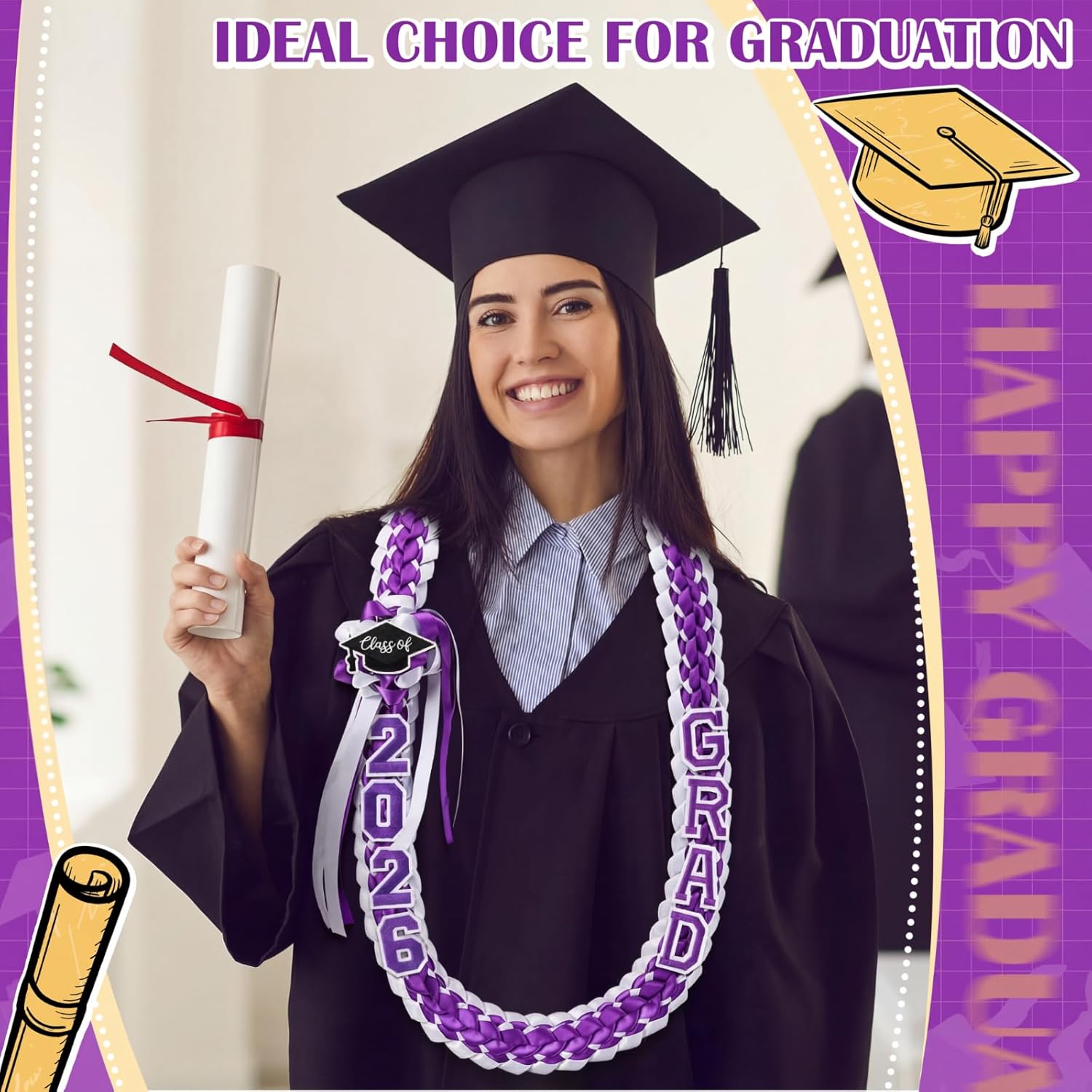 Hotop 2026 Graduation Leis Class of 2026 Grad Ribbon Money Lei Handmade Double Braided Necklace for Graduation Gifts Supplies