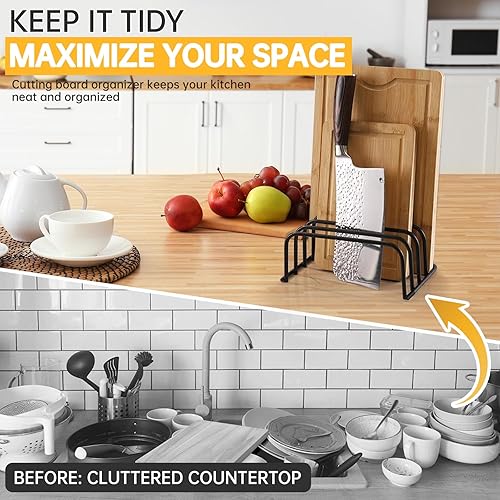 Vista 2 de Estante organizador de tabla de cortar de cocina, soporte de almacenamiento de 5 ranuras para tablas, utensilios para hornear, hojas de galletas
