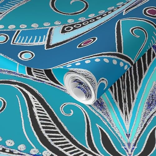 Miniatura 2 de Muestra de papel tapiz extraíble - Art Deco Lotus Teal Turquoise Negro Nouveau Retro Tea Geométrico Azul Aqua Papel pintado personalizado pre-pegado