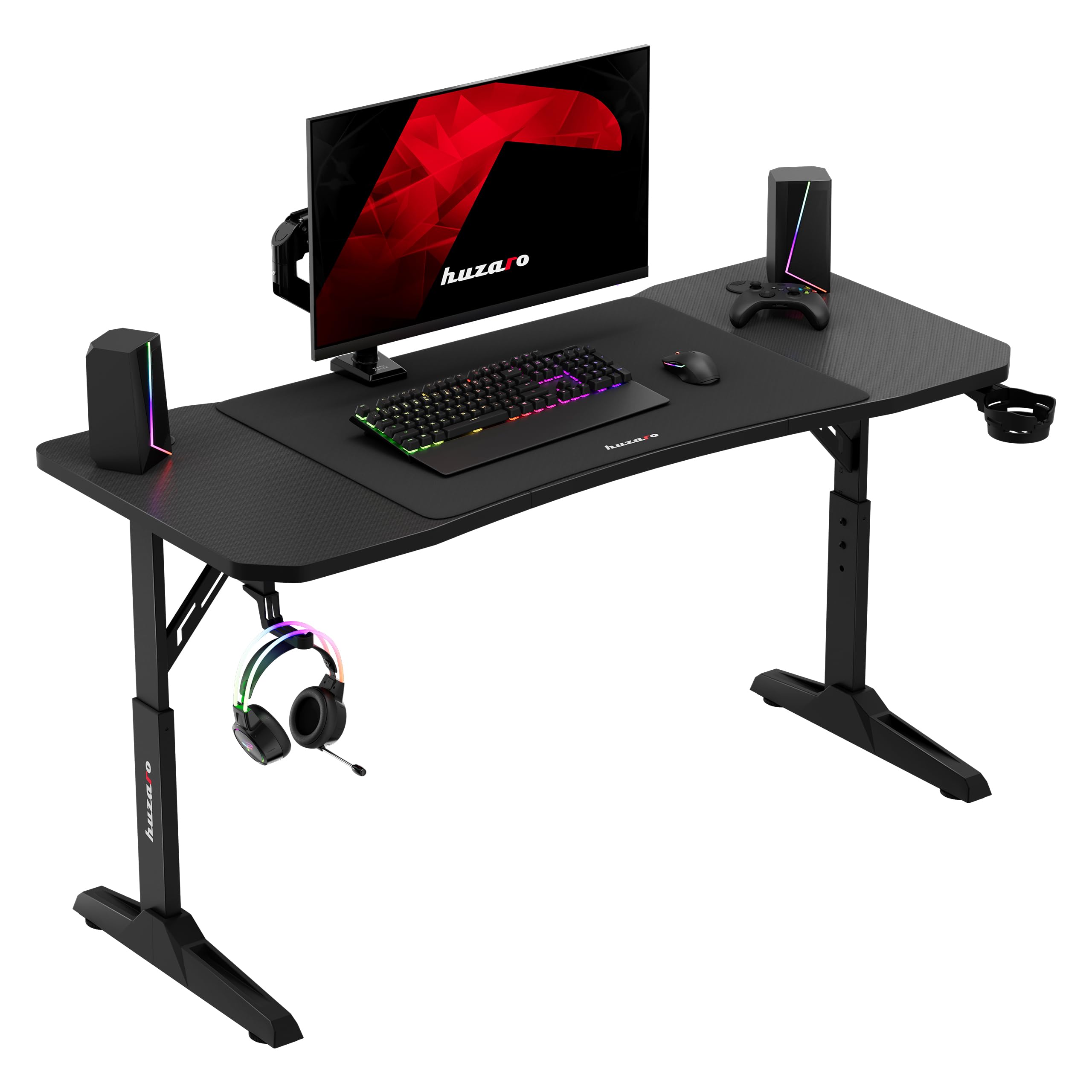 huzaro Hero 3.6 biurko gamingowe, regulowane w wysokości, biurko LED do PC 140×60 cm z powierzchnią z włókna węglowego, XXL podkładka pod mysz, zaczep na słuchawki i uchwyt na napoje, biurko dla