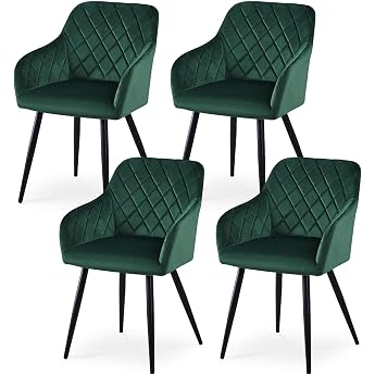 CLIPOP Dining Room Chairs Set of 4 Kitchen Chairs Velvet Cover Living Room Chair Upholstered Chair with Armrest Metal Legs for Dining Room Living Room Kitchen 4 Green Velvet