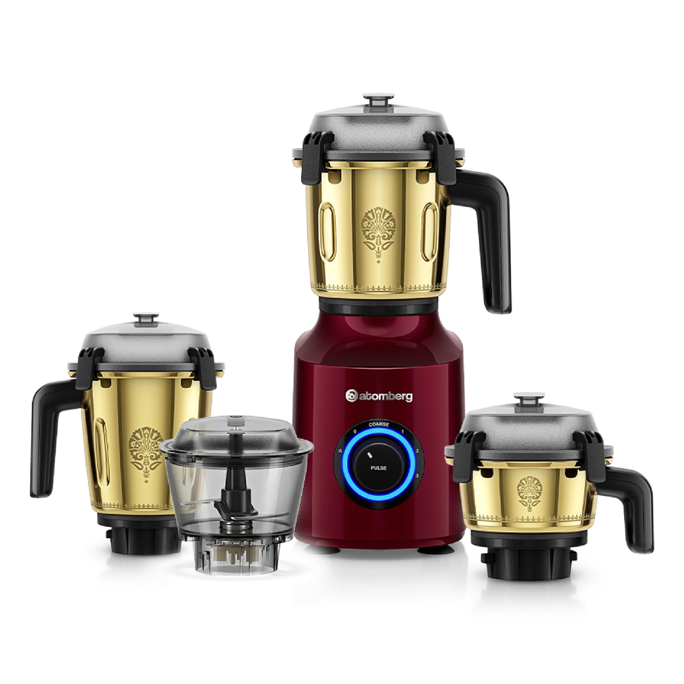 Atomberg Zenova Special Edition Mixer Grinder | Unique Coarse Mode for Silbatta-like Texture | Intelligent BLDC Motor | Safety Features | 4 Jars including Chopper | Heritage Brass - Red Wine
