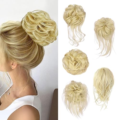 Miniatura 13 de 5 piezas de moños de pelo desordenados con banda elástica de goma para mujeres, extensiones de cola de caballo con gomillas, piezas de cabello