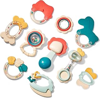 hahaland 10pc Baby Rattles Teething Toys 0-6 Months - Newborn Infant Graspers Shakers Montessori Sensory Set for Fine Motor Skills