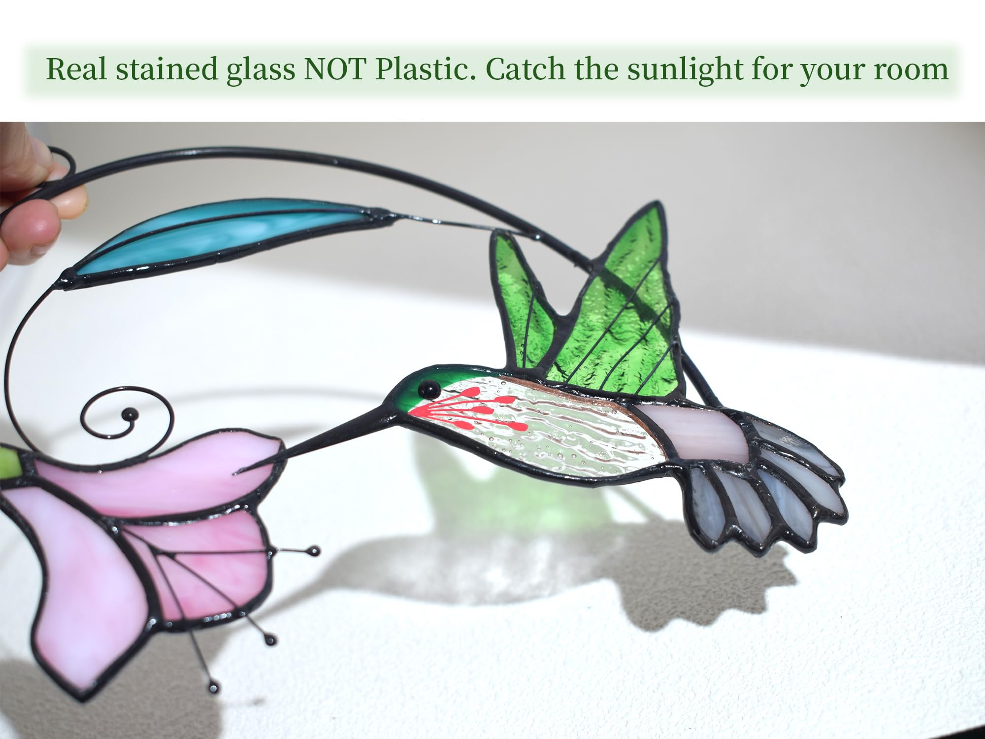 Lolitarcrafts Buntglas-Fensterbehang mit Blumen, Vogel-Sonnenfänger für Fensterdekoration, Kolibri-Geschenke für Mutter, Vogelliebhaber (Grün mit Blume A)