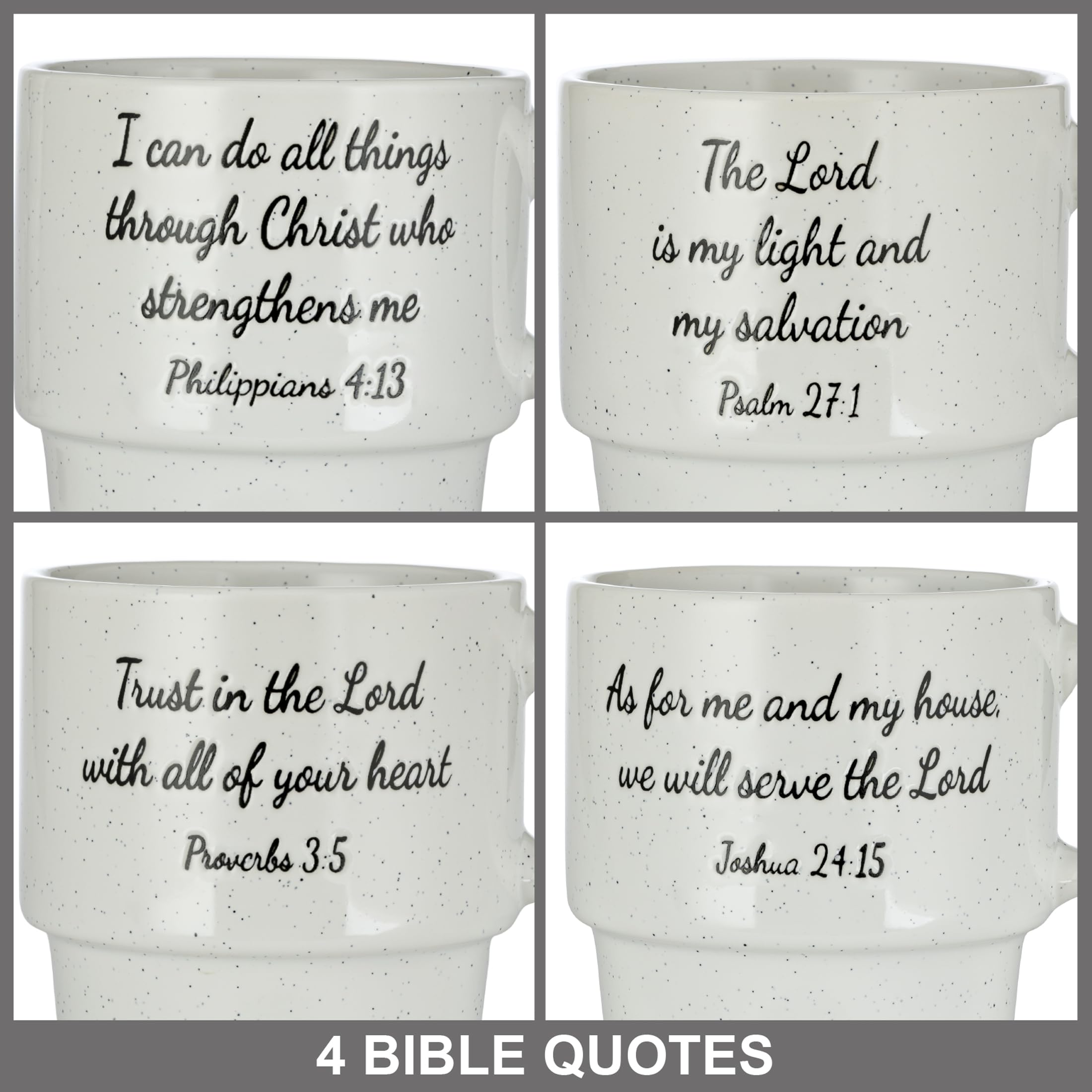 Signature Housewares Lot De 4 Tasses à Café Empilables Avec Verset De La Bible Inspirant Avec Support En Métal, Céramique Blanche