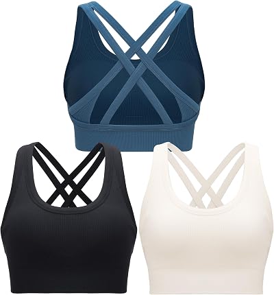 RUNNING GIRL High Impact Sports Bras for Women,Strappy Crisscross Black Sports Bra High Support with Removable Pads(WX3011_Black+White+Dark Blue_L)