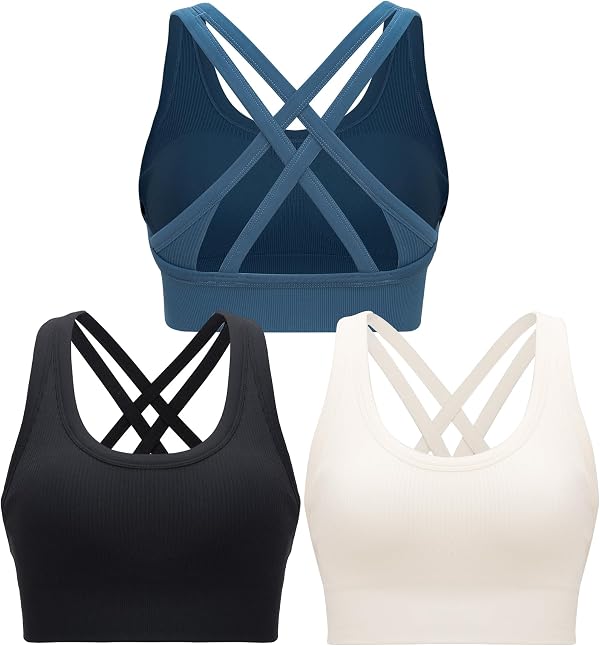 RUNNING GIRL High Impact Sports Bras for Women,Strappy Crisscross Black Sports Bra High Support with Removable Pads(WX3011_Black+White+Dark Blue_L)