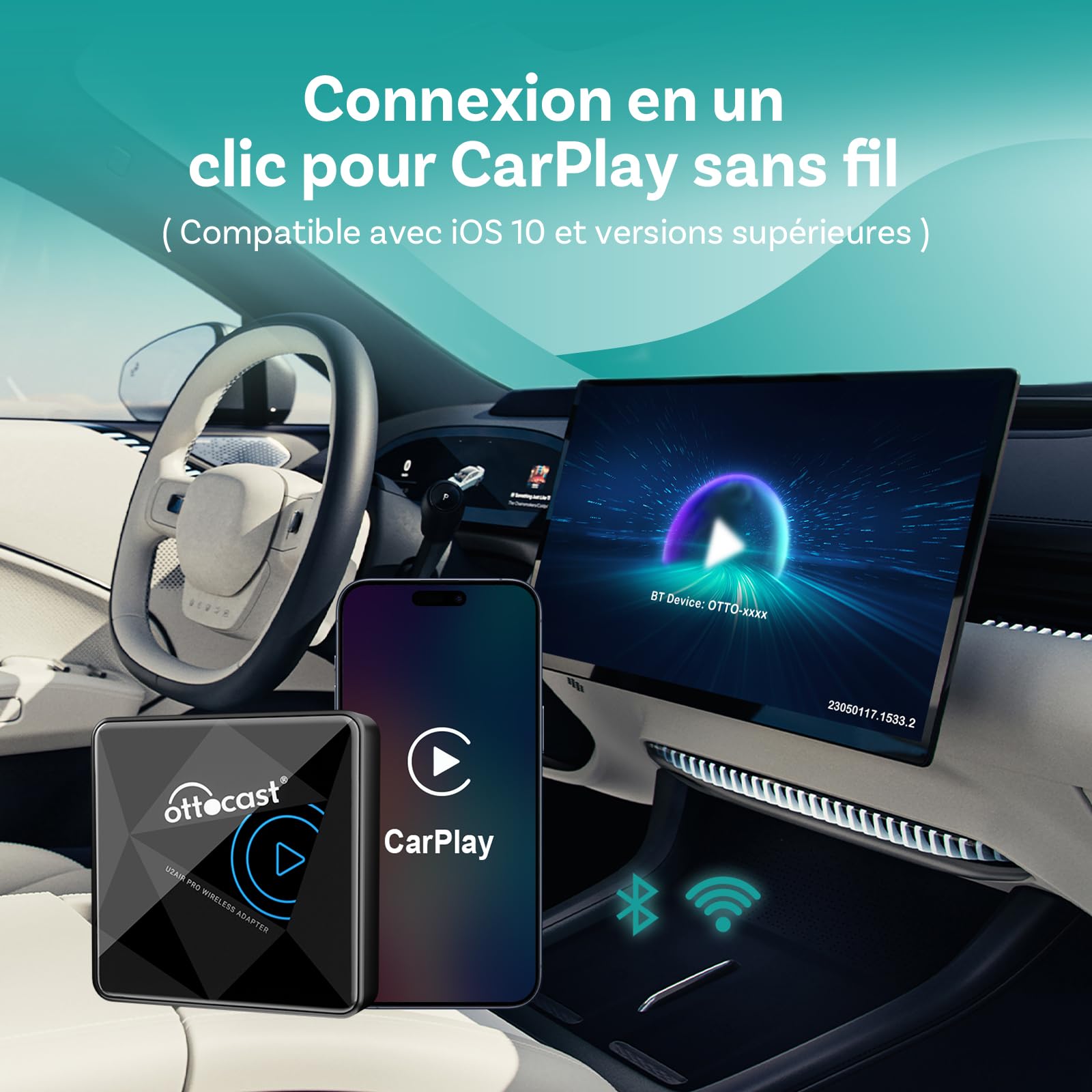 OTTOCAST U2Air Pro Adaptateur CarPlay sans Fil, Connexion Bluetooth & Wi-FI sans Couture, Compatible avec iOS 11+, Fonctionne avec Les Véhicules CarPlay Câblés à Partir de 2016