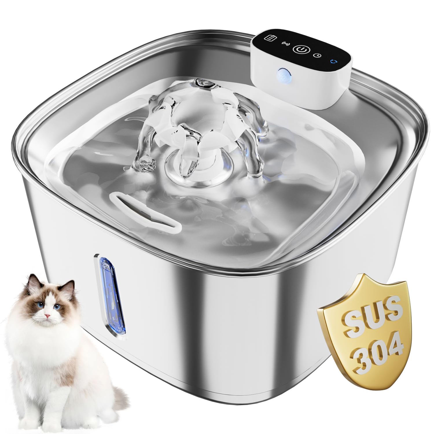3.2L Fuente de Agua para Gatos sin Cable, Acero Inoxidable, Batería Recargable 4000mAh, Bomba Súper Silenciosa, Filtración Multicapa con Carbón Activo, para Gatos y Perros Pequeños