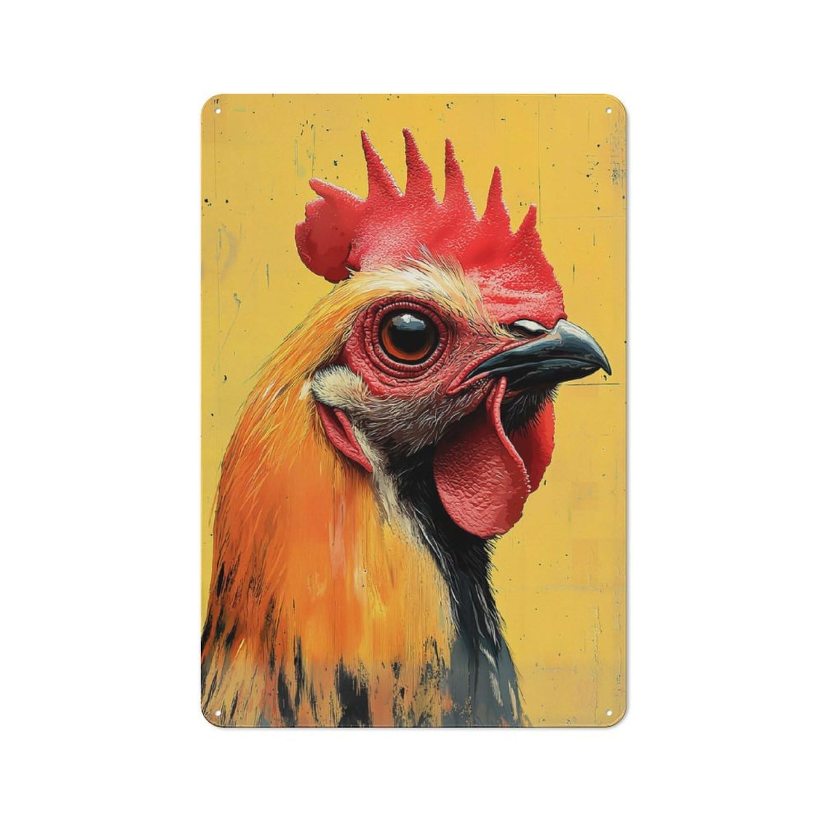 Rooster Portrait on Yellow Background Vintage Metal Sign 30x20cm for Workshop Wall, with Clear Vintage Wall Decor Character