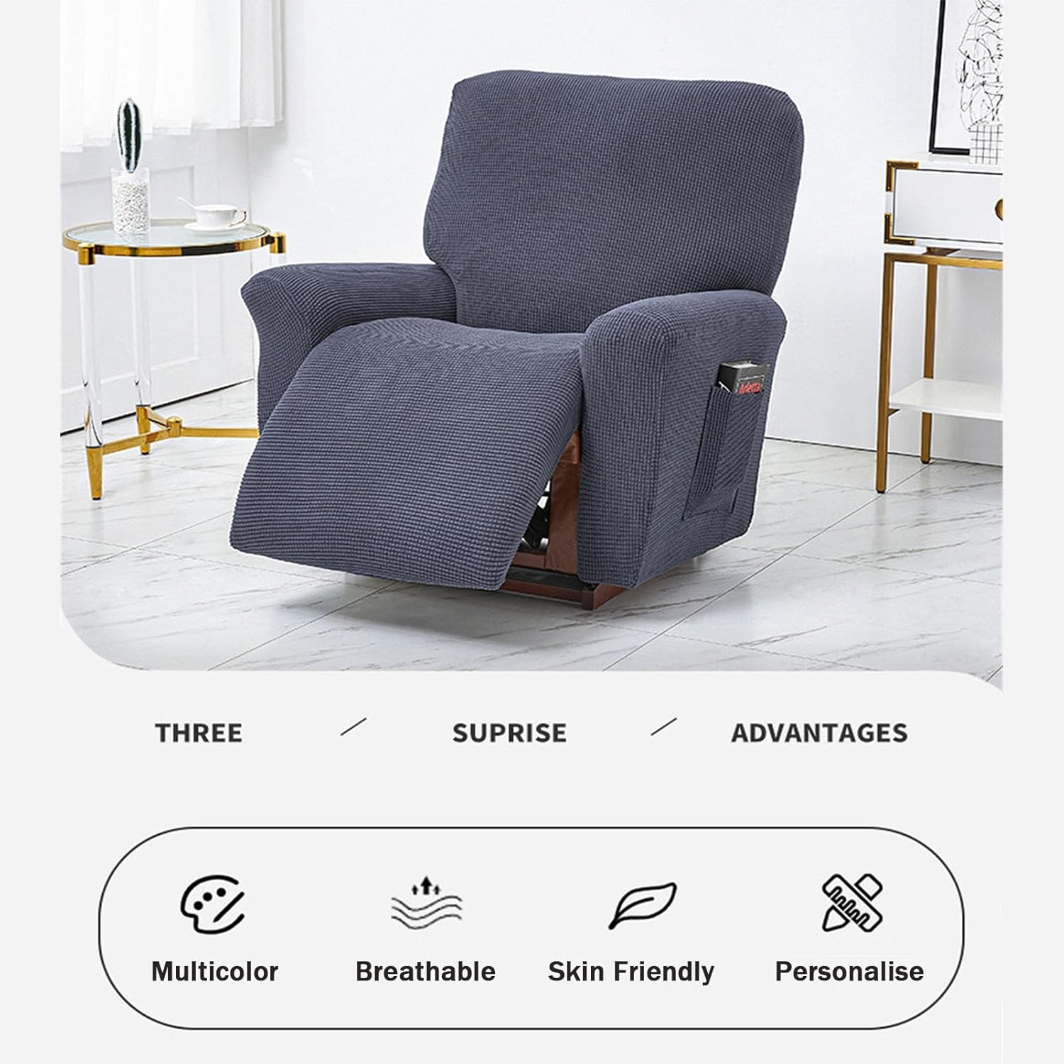 Recliner Slipcover, Solid Color Jacquard Stretch Reclining Chair Slipcovers 4-Pieces LazyBoy Covers Furniture Protector for Recliner with Pocket Sofa Couch Chair Cover (Gold)