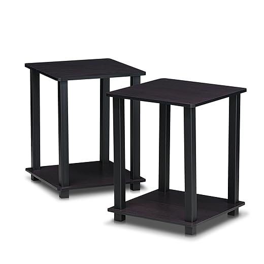 Furinno SIMPLISTIC Side Table Set of 2, 2-Tier Square Modern End Table, Nightstand, Night Stand, Bedside Table, Toolless Assembly, for Living Room, Bedroom, Dark Walnut